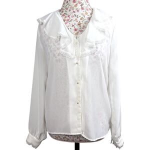 Vintage 70's Alexandria White Chiffon Top Ruffle Lace Trim Button Up VTG Blouse
